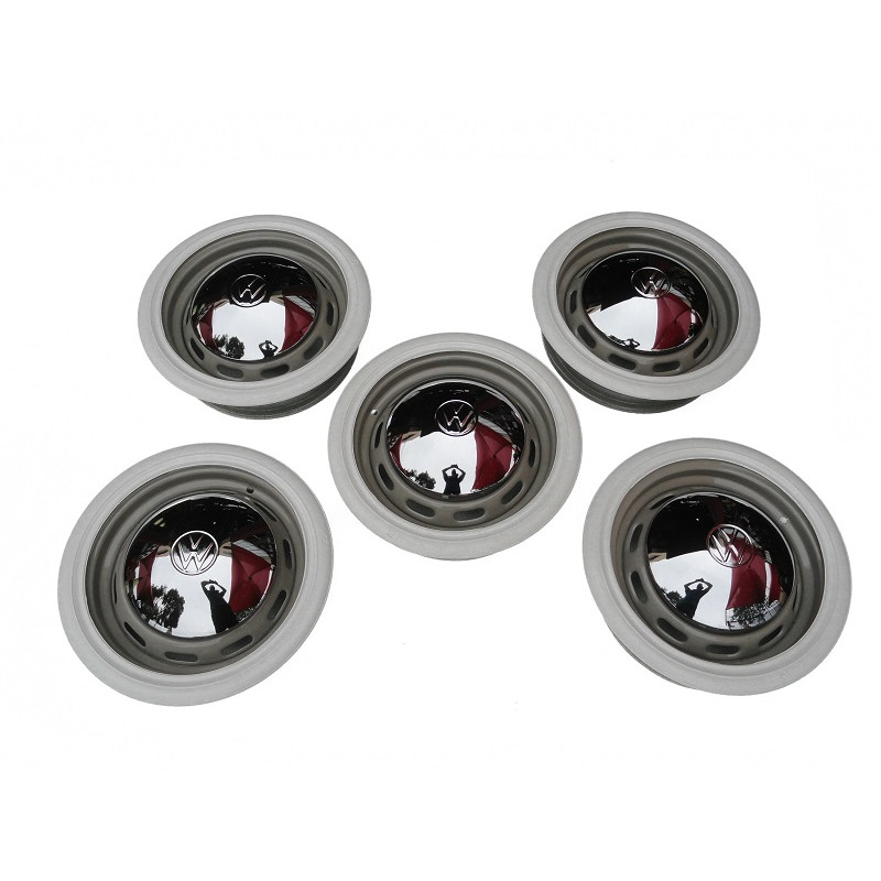 Roda Fusca 5 Furos 67 Em Diante Aro 15 Tala 4 c/ Calota e Faixa Branca Jogo