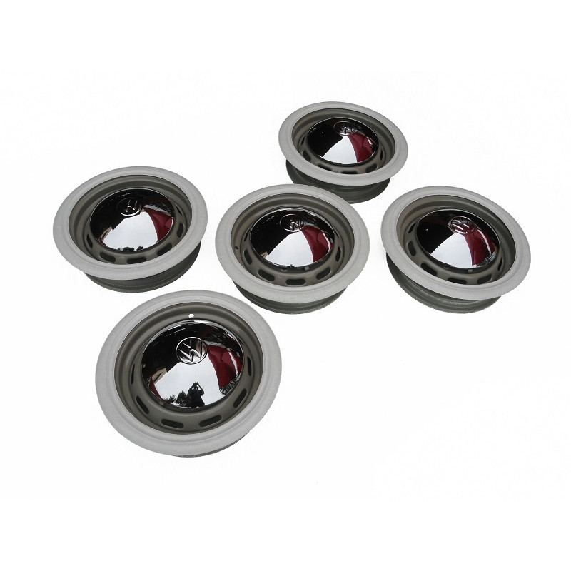 Roda Fusca 5 Furos 67 Em Diante Aro 15 Tala 4 c/ Calota e Faixa Branca Jogo