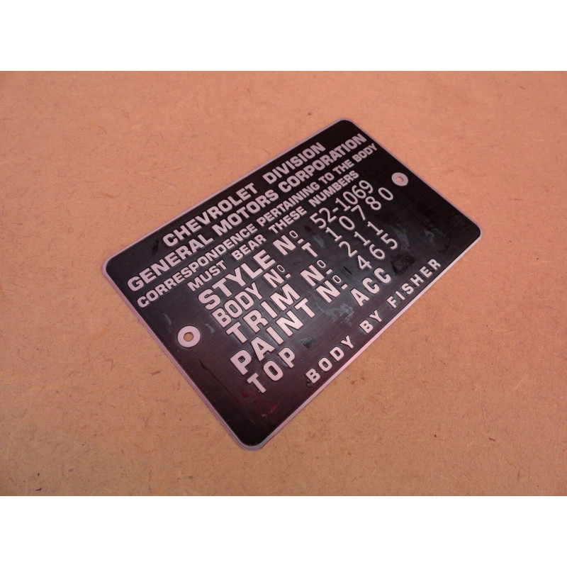 Plaqueta Cofre Motor Chevrolet 1942 a 1957 Bel Air 210 Fleet