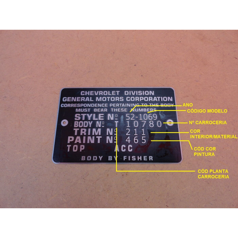 Plaqueta Cofre Motor Chevrolet 1942 a 1957 Bel Air 210 Fleet