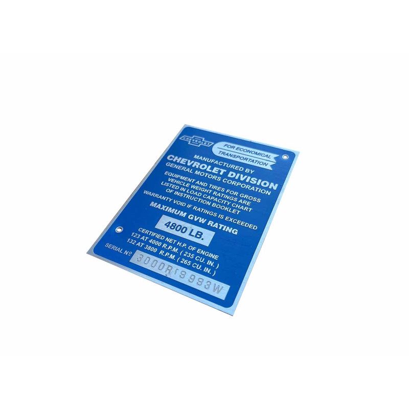 Plaqueta Identificação Chevrolet Marta Rocha 1955 a 1959 Gravada Baixo Relevo