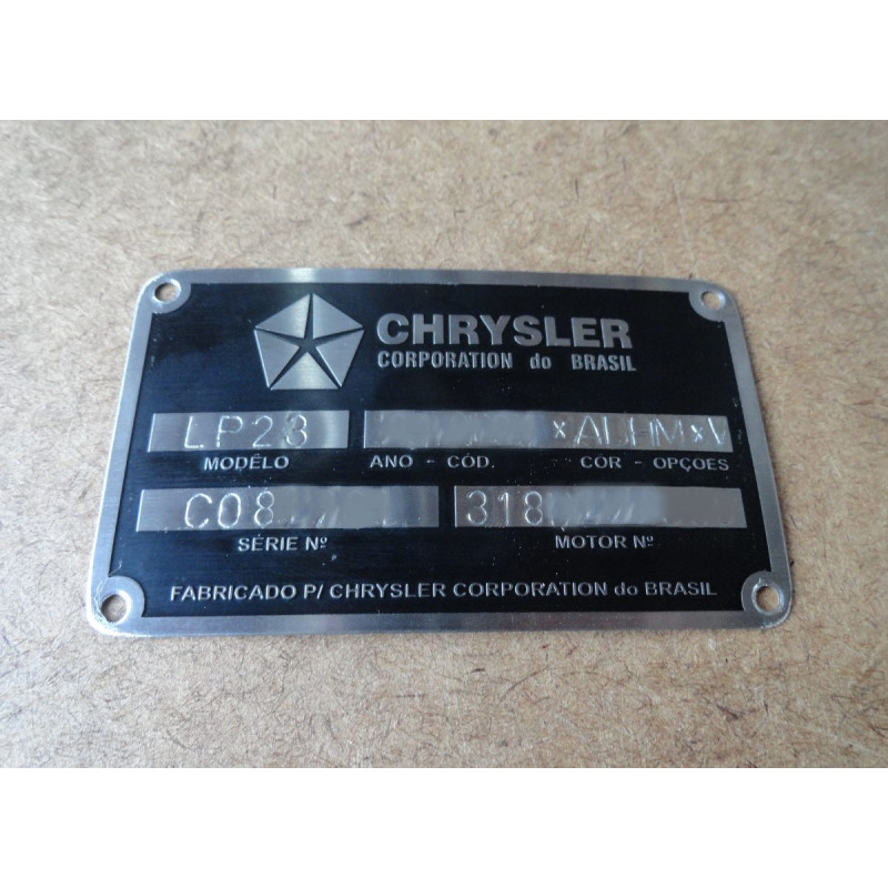 Plaqueta Identificação Chrysler Dodge Charger, Dart, Polara