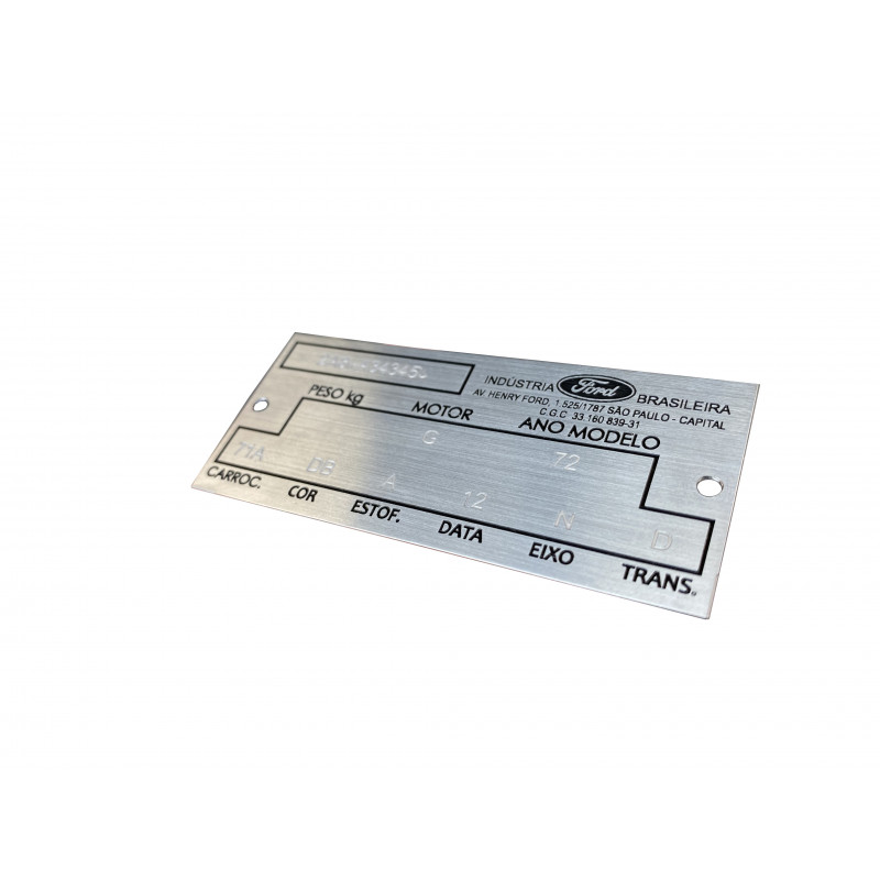 Plaqueta Identificação Ford Rural F-75 Landau Galaxie LTD Gravação em Baixo Relevo