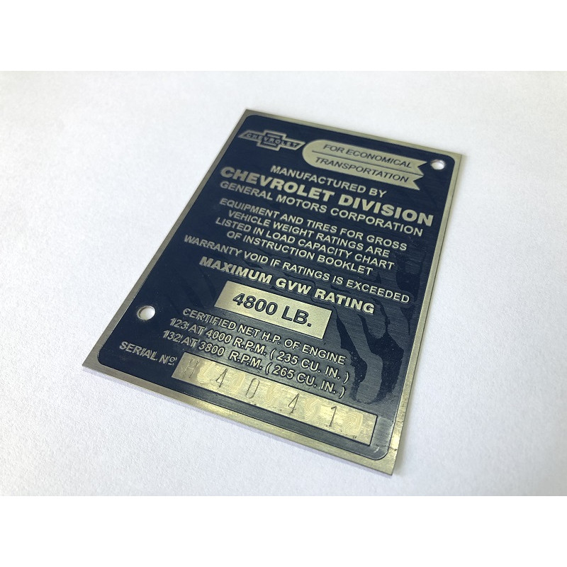 Plaqueta Identificação Chevrolet Marta Rocha 3100 55 A 59 Gravada Baixo Relevo