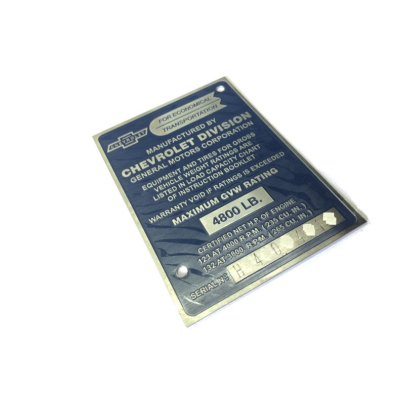 Plaqueta Identificação Chevrolet Marta Rocha 3100 55 A 59 Gravada Baixo Relevo