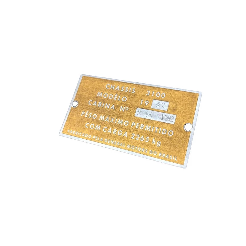 Plaqueta de Identificação Cabine Gravada Baixo Relevo Chevrolet Brasil 3100 1958 a 1962 Nova