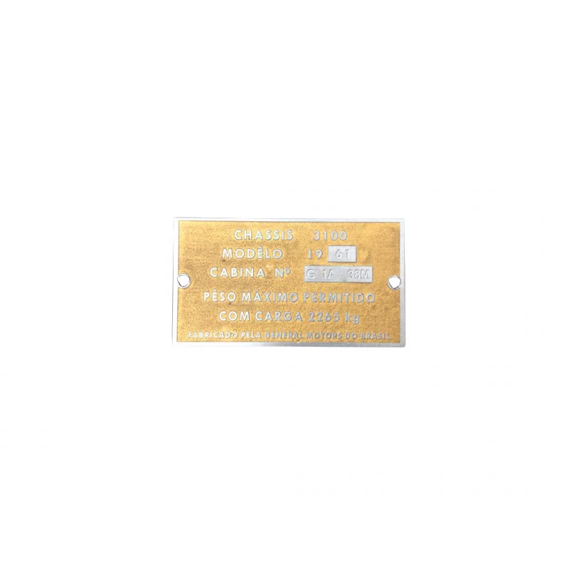 Plaqueta de Identificação Cabine Gravada Baixo Relevo Chevrolet Brasil 3100 1958 a 1962 Nova